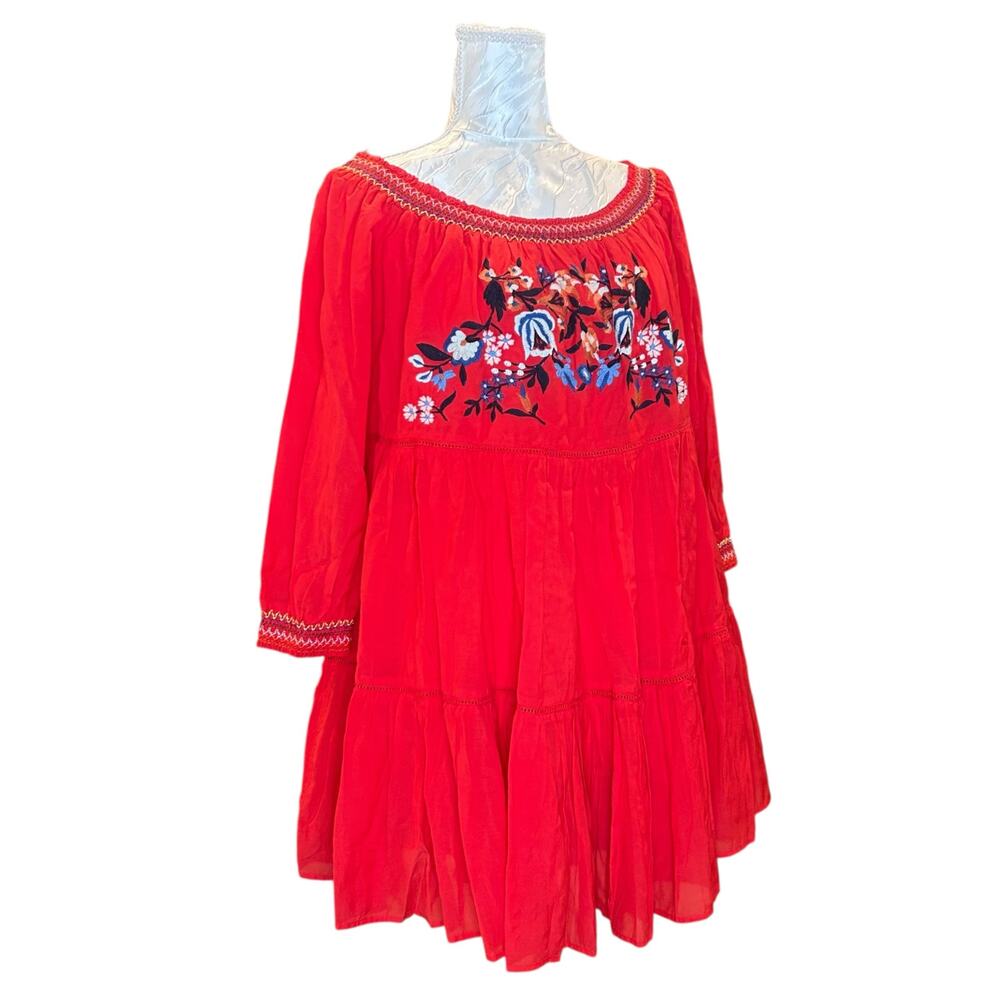 Free People Red Tiered Mini Dress Womens Sz Medium Sunbeams Embroidered Boho - Picture 4 of 16